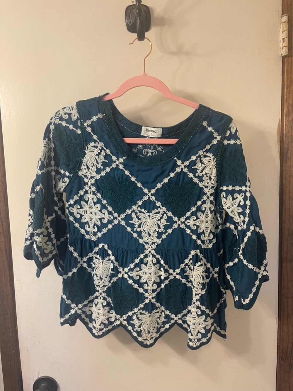 Kindred Teal Embroidered Peasant Blouse - Teal/White Sz. M #149
